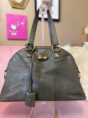 💯 YSL Yves Saint Laurent Rive Gauche Bag Olive Green Leather w Brass Hardware